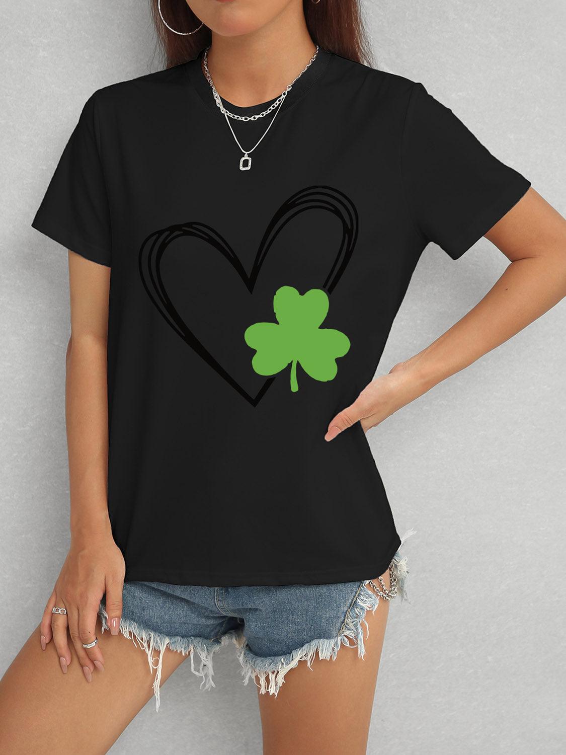 Heart Lucky Clover Short Sleeve T-Shirt Black