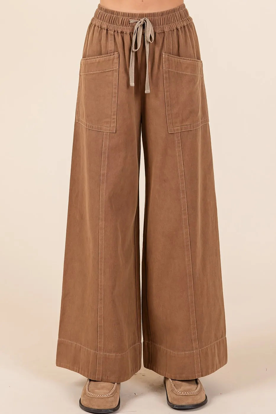 Mittoshop Mineral Wash Wide Leg Elastic Waist Twill Pants COCOA