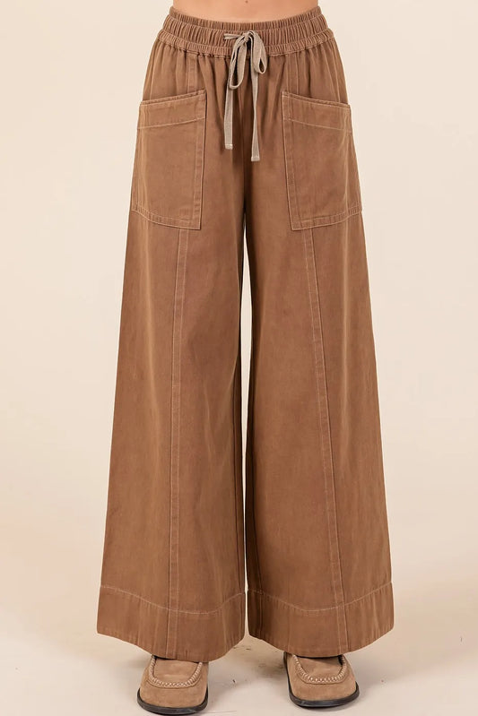 Mittoshop Mineral Wash Wide Leg Elastic Waist Twill Pants COCOA