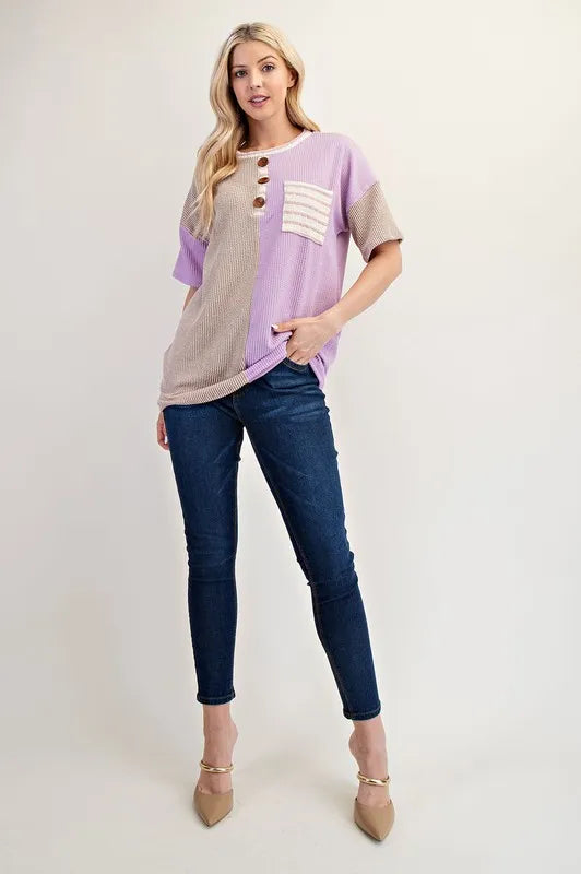 Celeste Full Size Rib Contrast Short Sleeve T-Shirt Plus SIze
