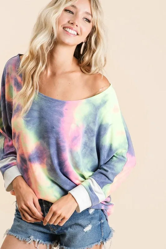 BiBi Tie Dye French Terry Top with Contrast Cuffs