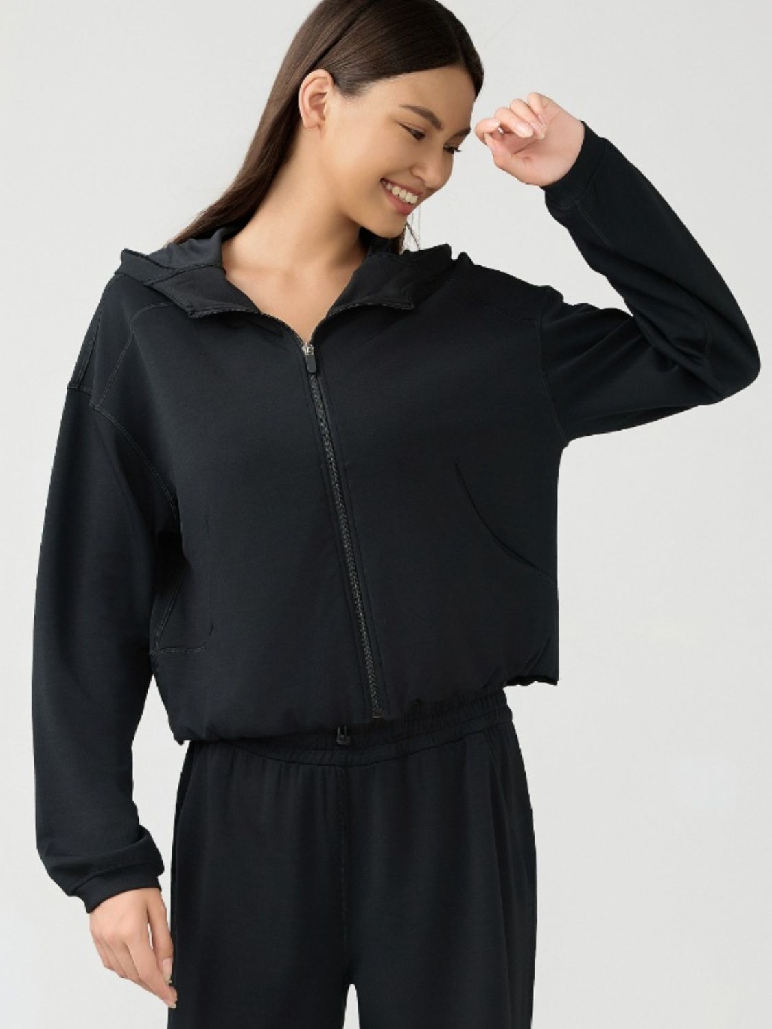 Millennia Zip Up Dropped Shouder Active Hooded Black