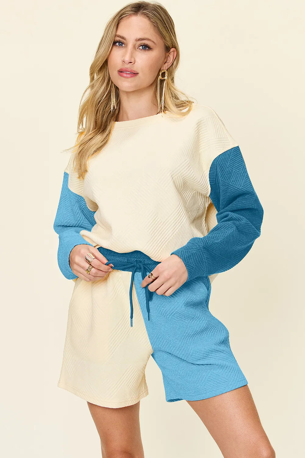 Double Take Full Size Contrast Drop Shoulder Top and Shorts Set Pastel Blue