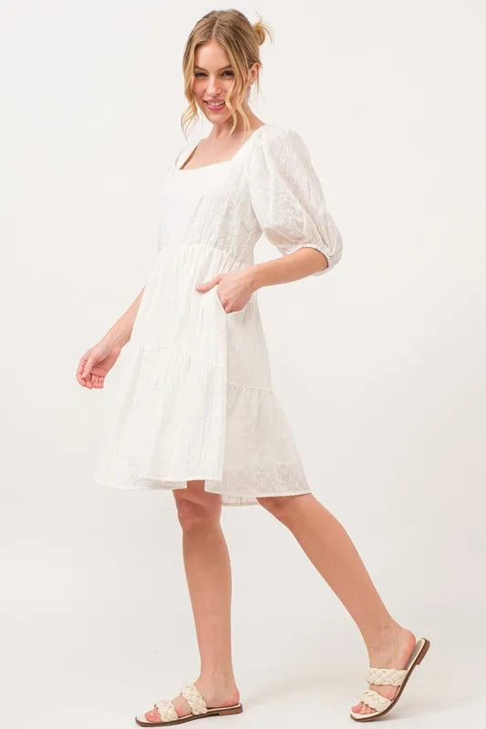 And The Why Square Neck Puff Sleeve Tiered Mini Dress