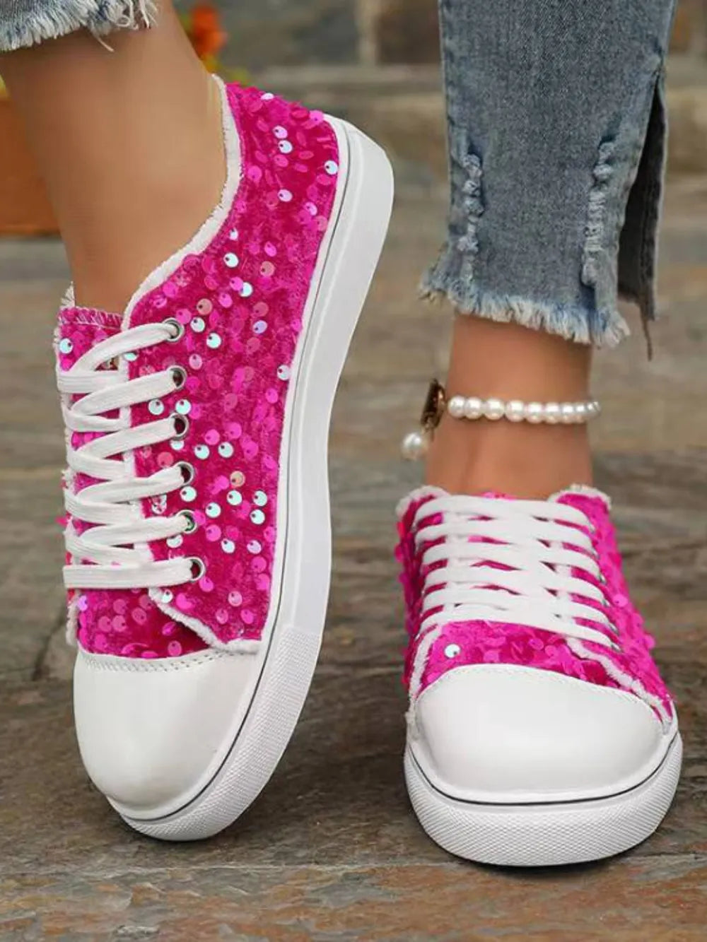 Sequin Round Toe Flat Sneakers Hot Pink