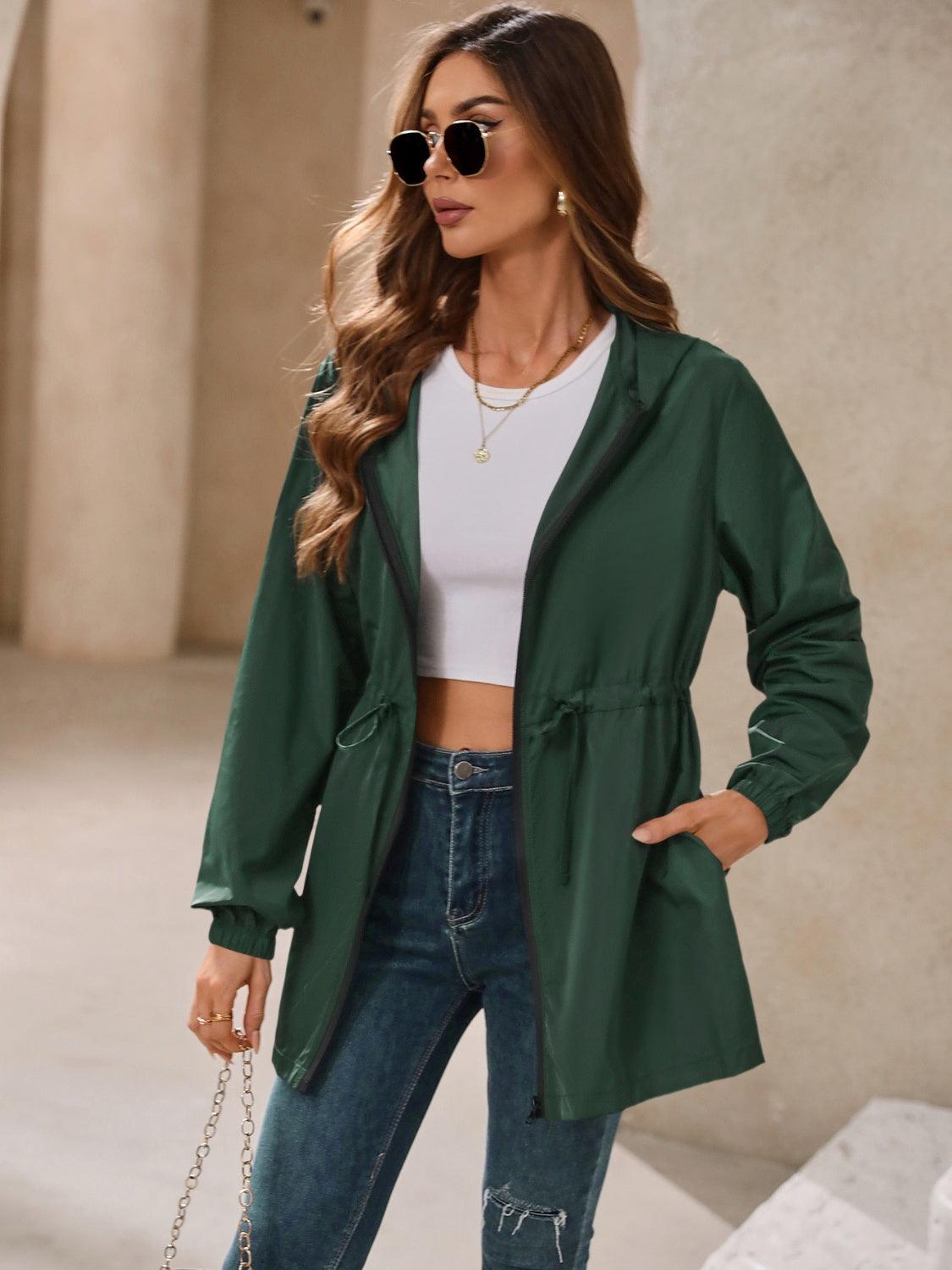 Ivy Lane Outdoor Waterproof Long Sleeve Hooded Windbreaker Dark Green