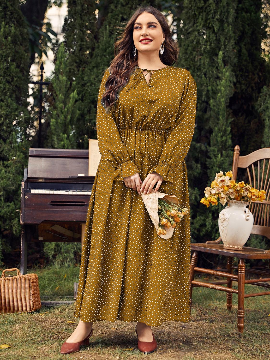Honey Plus Size Ruffled Polka Dot Long Sleeve Midi Dress Olive