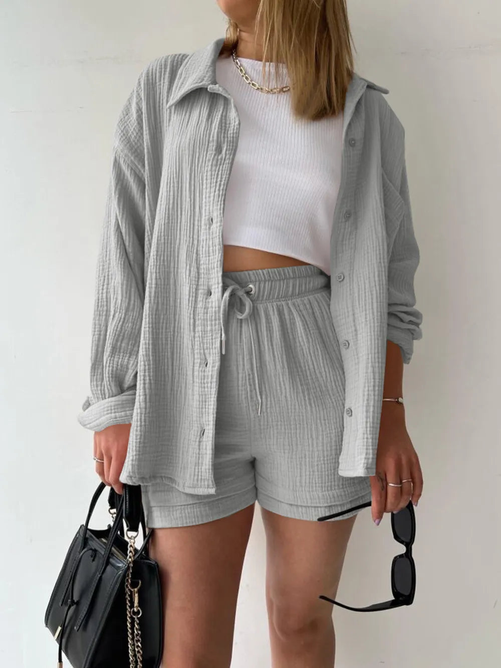 Texture Button Up Shirt and Drawstring Shorts Set Light Gray