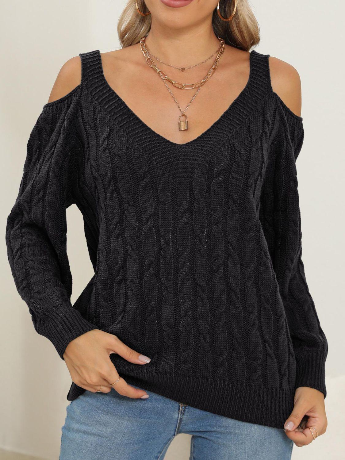 Cable-Knit V-Neck Long Sleeve Sweater Black
