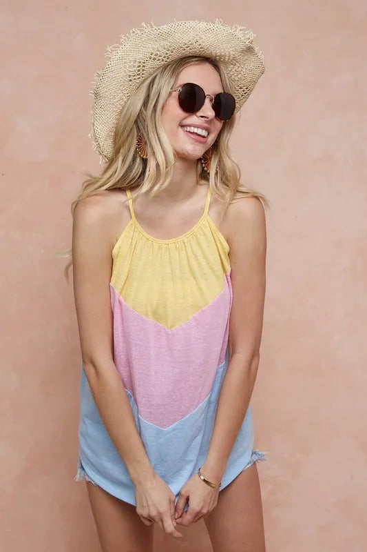 BiBi Triblend Knit Color Block Halter Neck Top