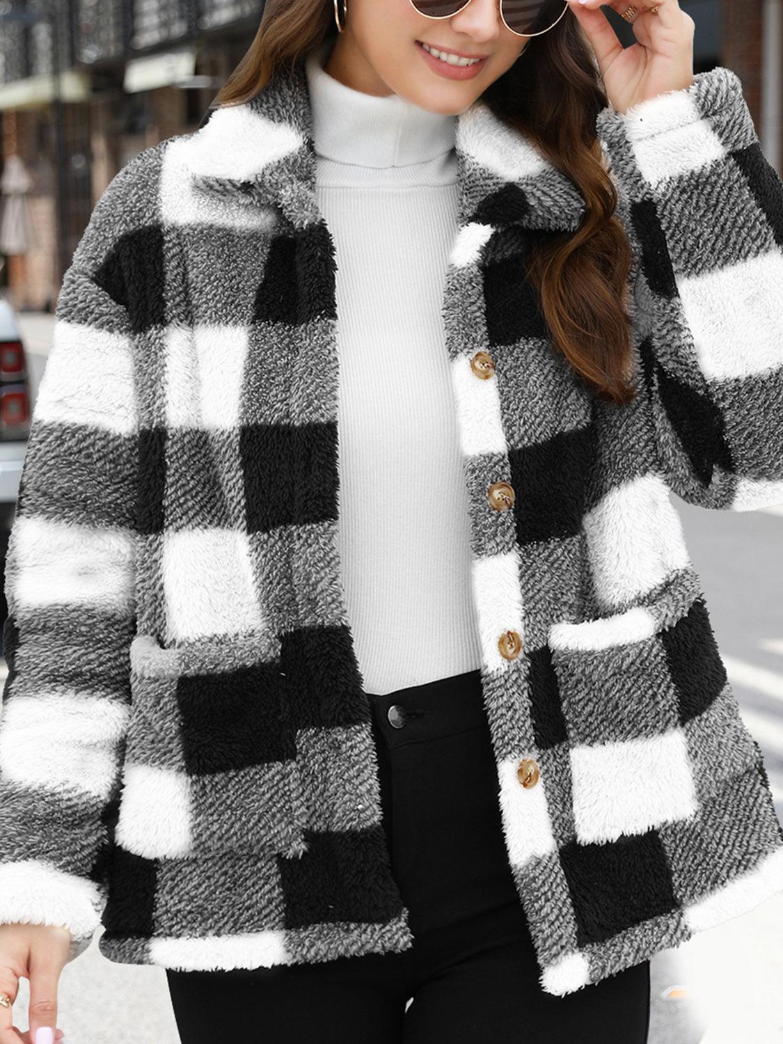 Button Up Drop Shoulder Fuzzy Jacket Black