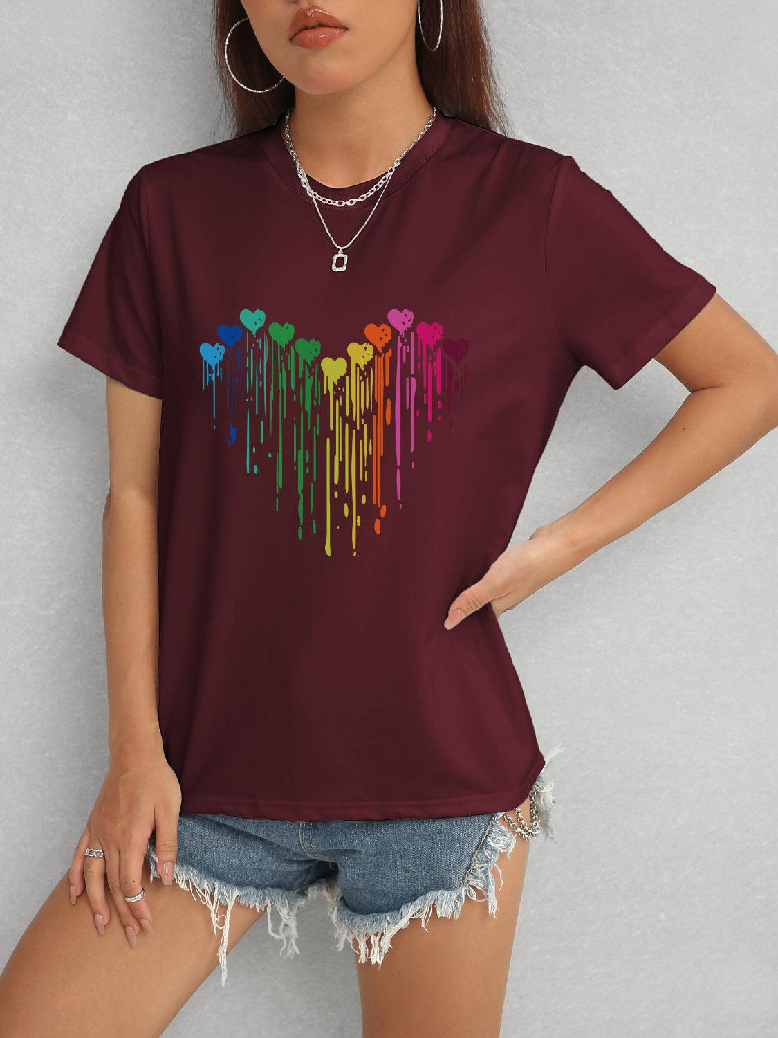 Heart Round Neck Short Sleeve T-Shirt Wine