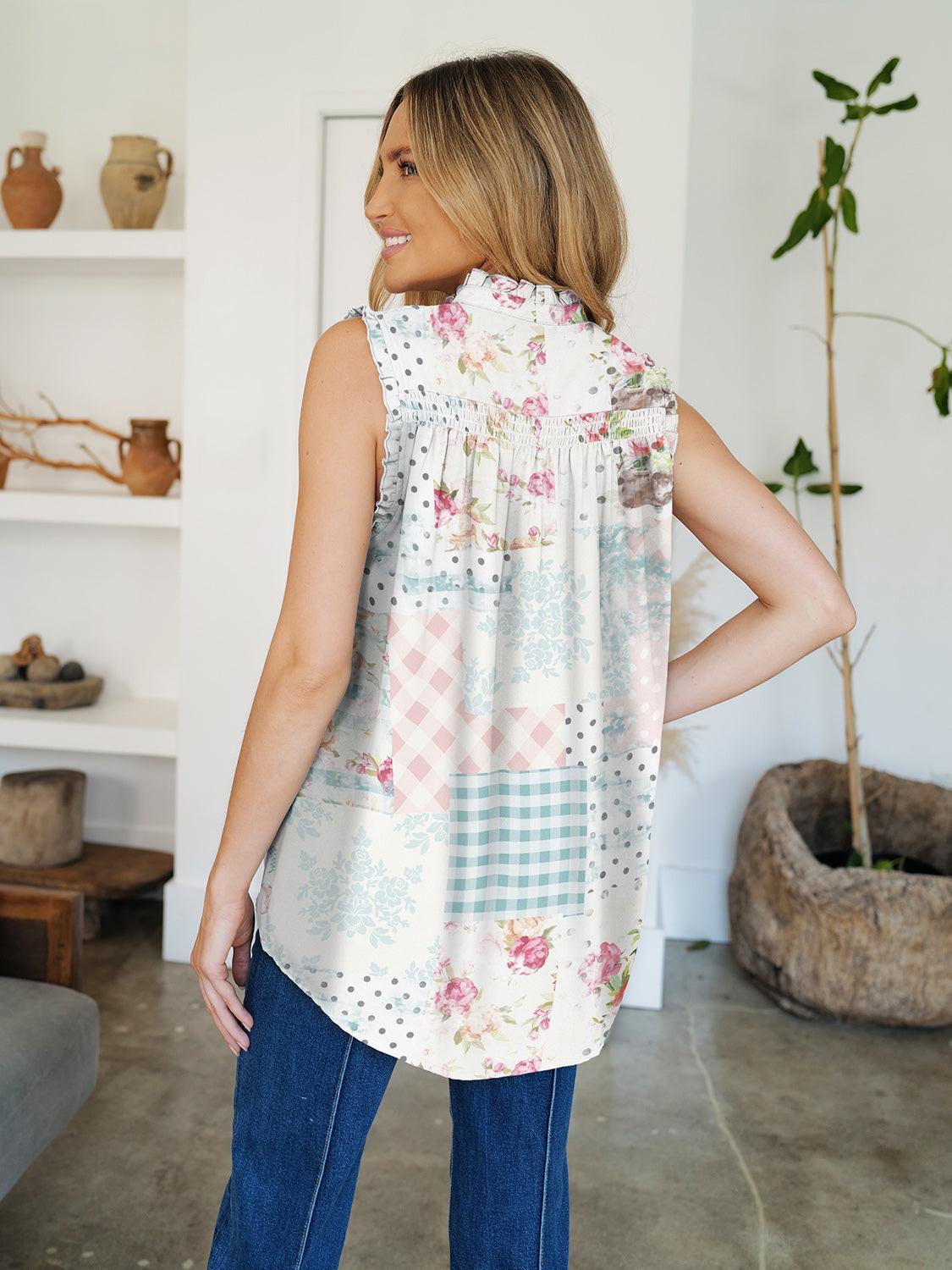 Frill Printed Mock Neck sleeveles blouse in Polka Dot, Striped, and Floral Blush Pink