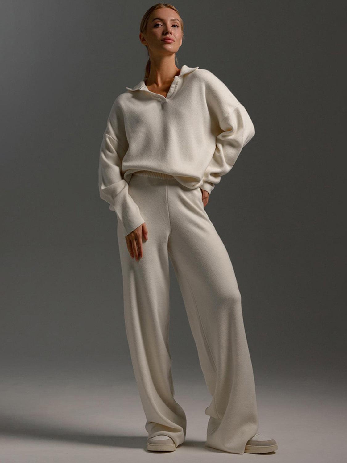Johnny Collar Long Sleeve Top and Pants Sweater Set Cream One Size
