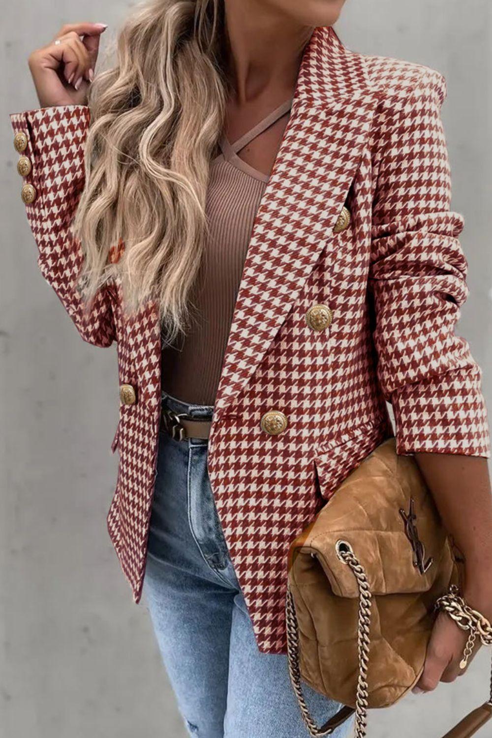 Houndstooth Collared Neck Double-Breasted Blazer Deep Red