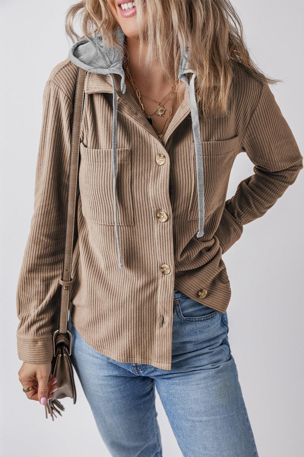 Drawstring Button Up Long Sleeve Hooded Jacket Mocha
