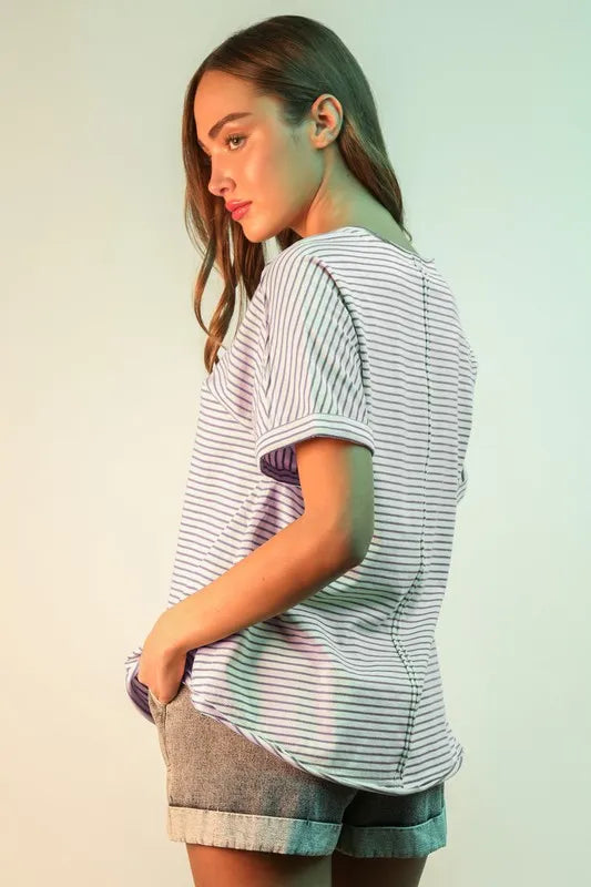VERY J Striped V-Neck Short Sleeve T-Shirt