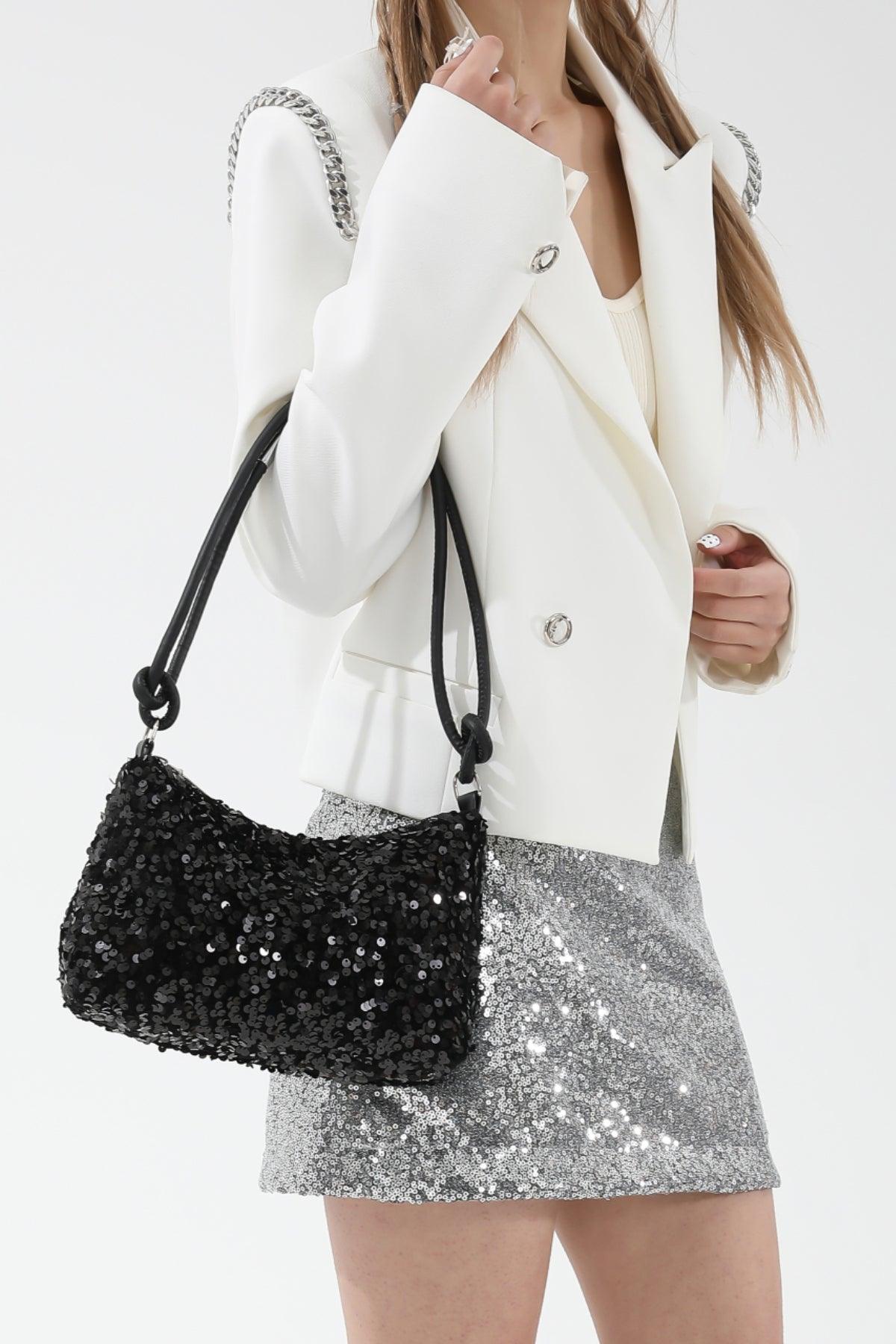 Sequin Double Strap Shoulder Bag Black One Size