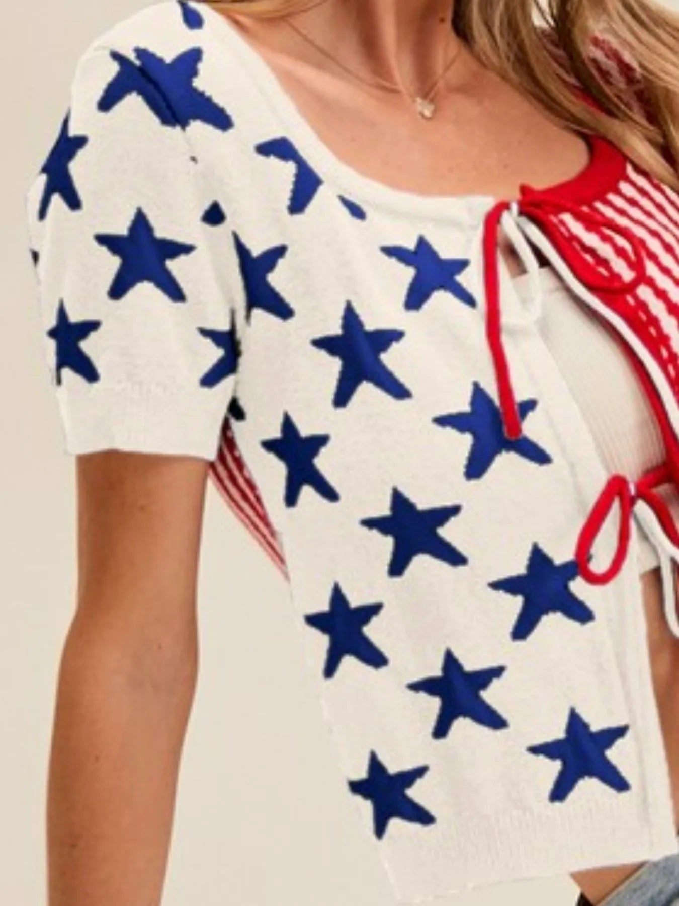 SO ME Stars and Stripe Front Bow Tie Sweater Cardigan