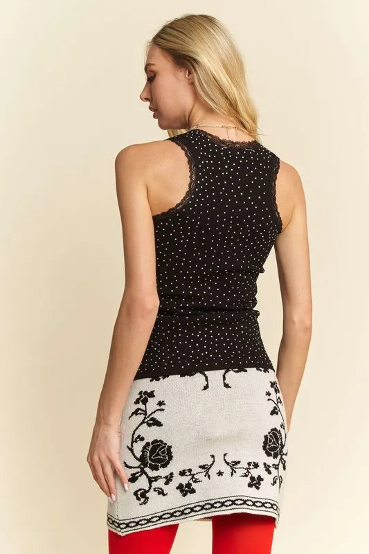 Davi & Dani Rhinestone Lace Trim Detail Tank