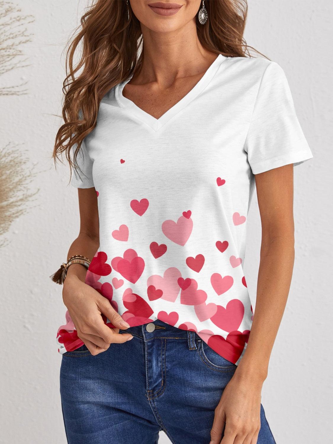 Heart V-Neck Short Sleeve T-Shirt White