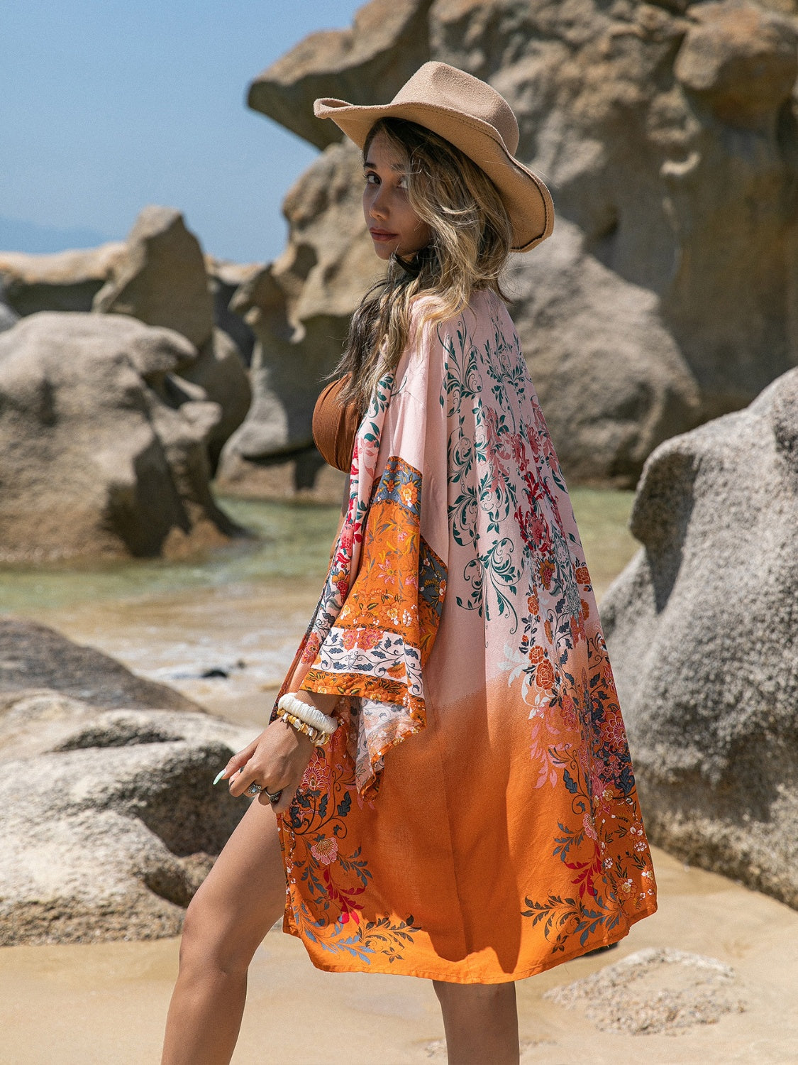 Printed Open Front Long Sleeve Cover-Up Orange