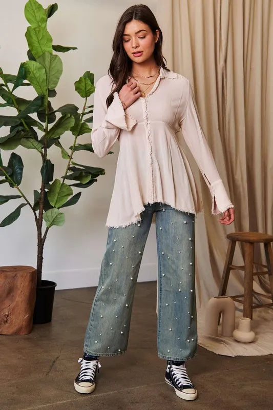 Davi & Dani V-Neck Open Back Adjustable Babydoll Shirt Beige