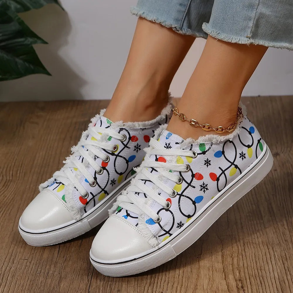 Raw Hem Printed Round Toe Sneakers White