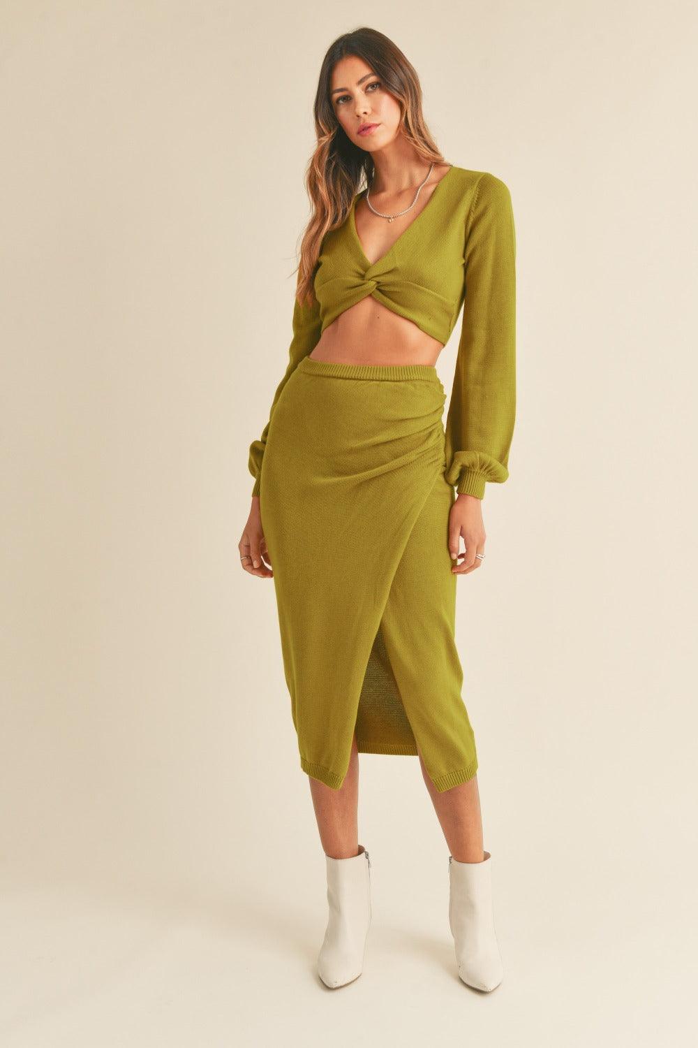 MABLE Front Twisted Knit Top and Midi Skirt Set Moss Green