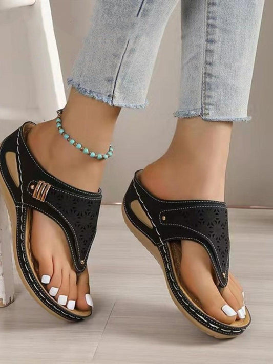 Cutout Toe Post PVC Sandals Black