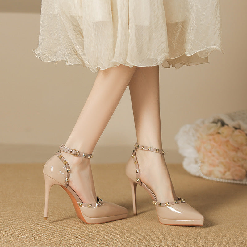 Rivet Decor Ankle Strap Stiletto Pumps