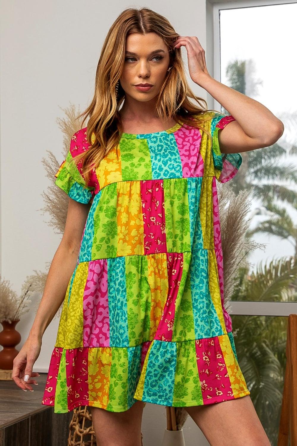 BiBi Leopard Short Sleeve Tiered Mini Dress