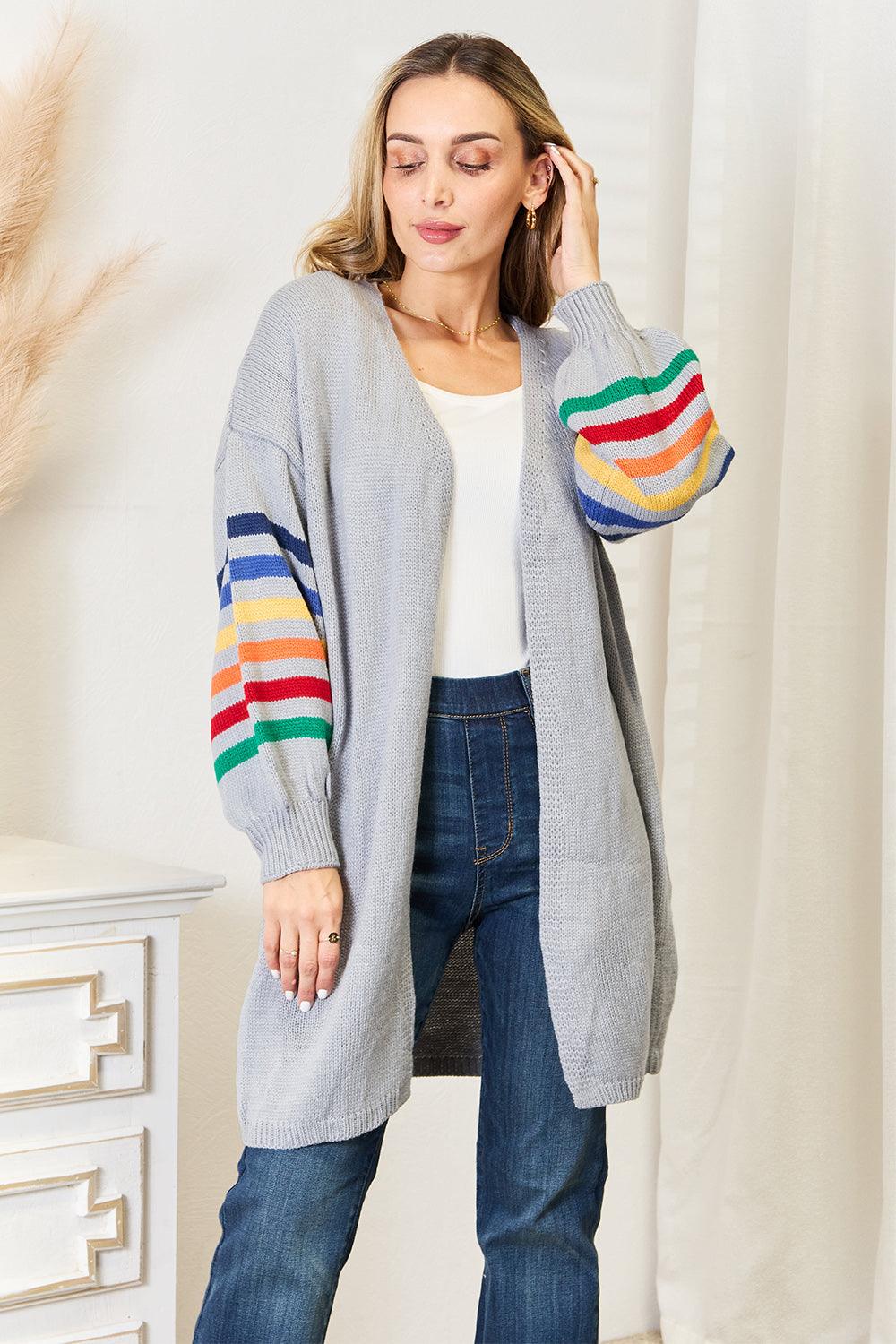 Multicolored Stripe Open Front Longline Cardigan Light Gray