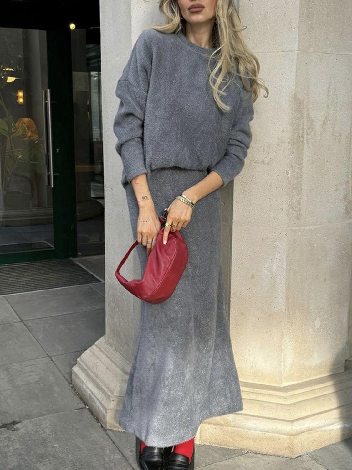 Round Neck Dropped Shoulder Top and Midi Skirt Sweater Set Dark Gray One Size