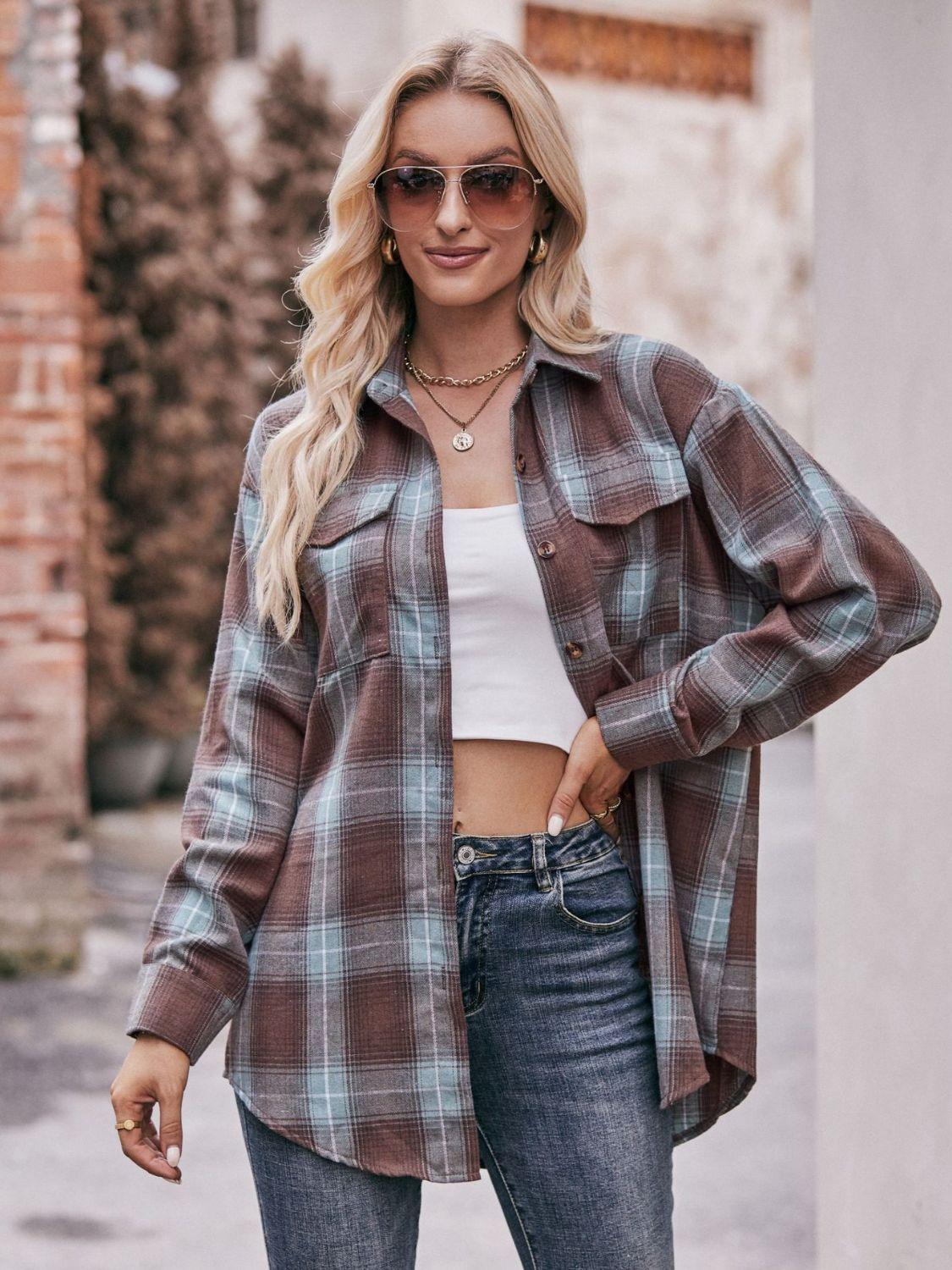 Mandy Plaid Dropped Shoulder Longline Shirt Brown Green