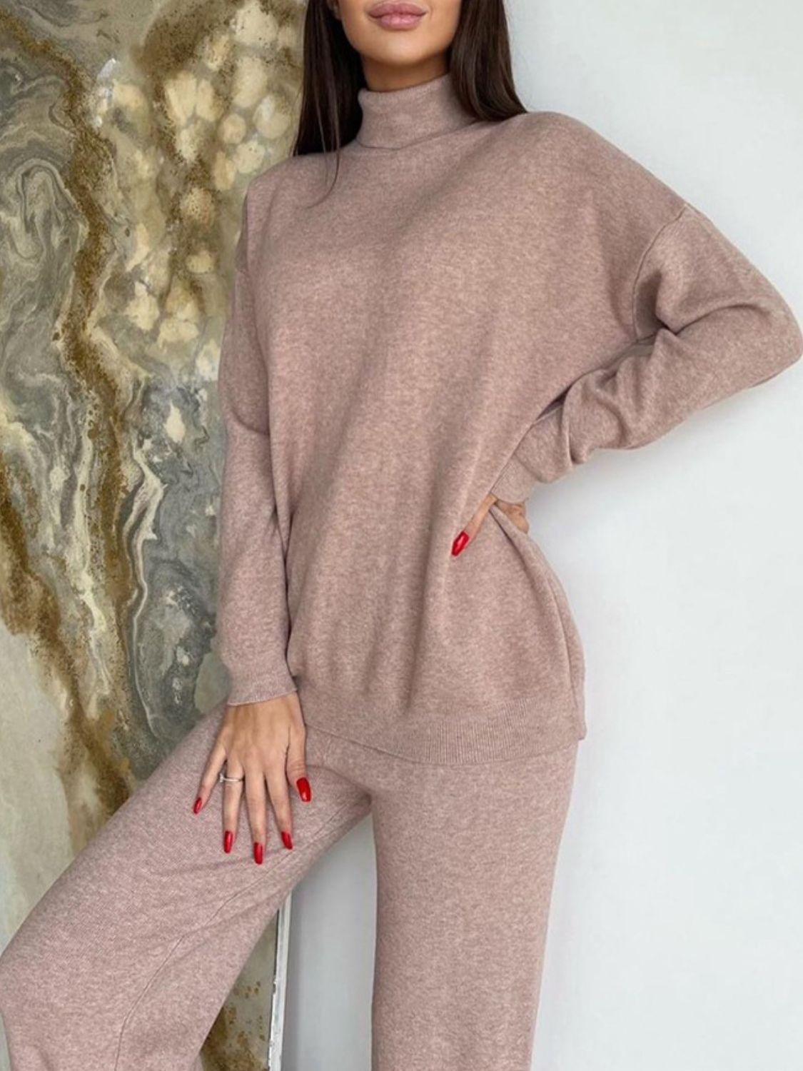 Turtleneck Long Sleeve Top and Drawstring Pants Sweater Set Taupe One Size