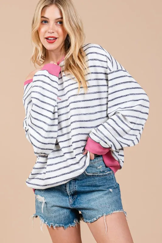 Ces Femme Striped Round Neck Drop Shoulder Sweatshirt Black