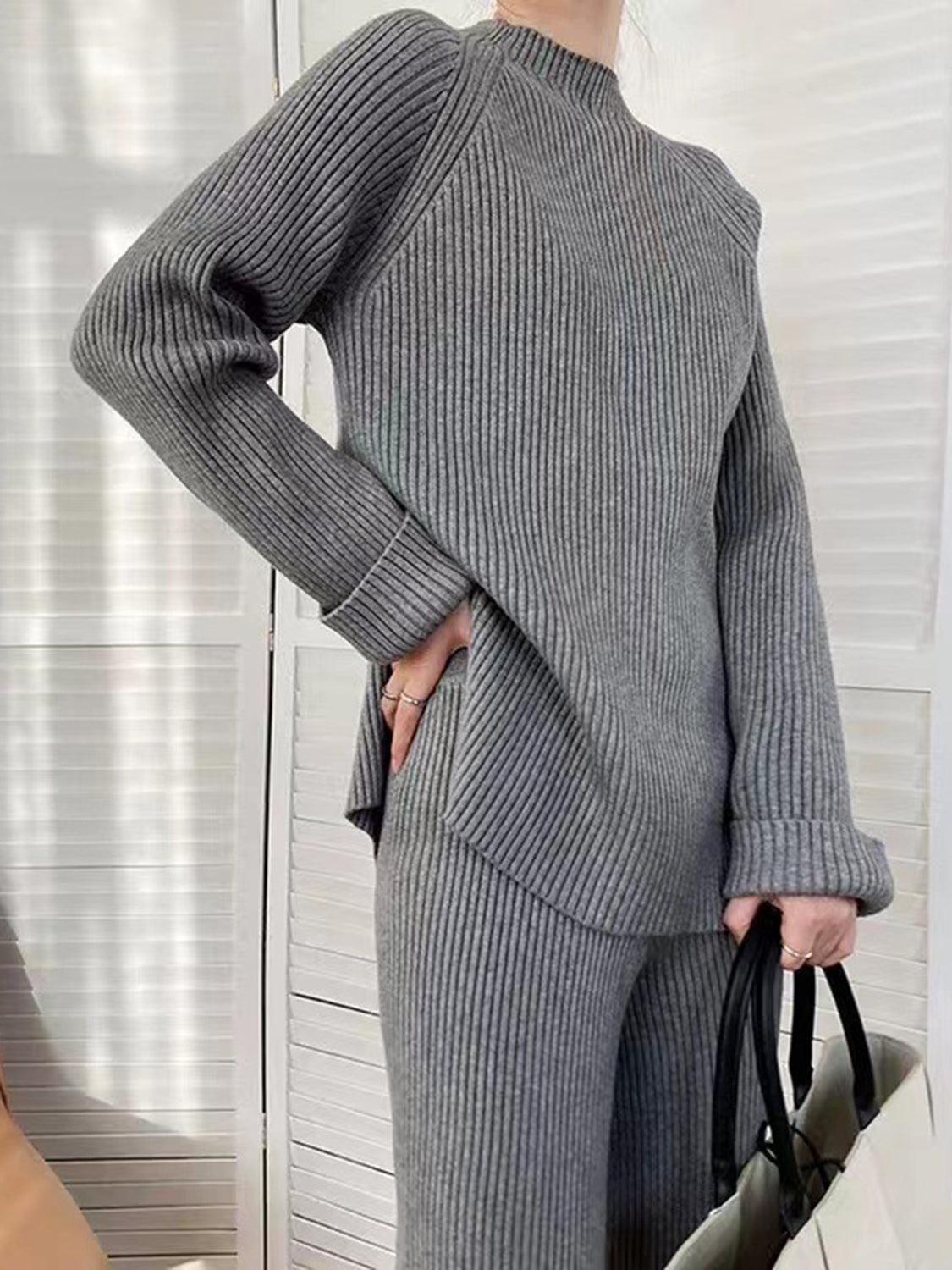 Mock Neck Raglan Sleeve Top and Pants Sweater Set Dark Gray One Size