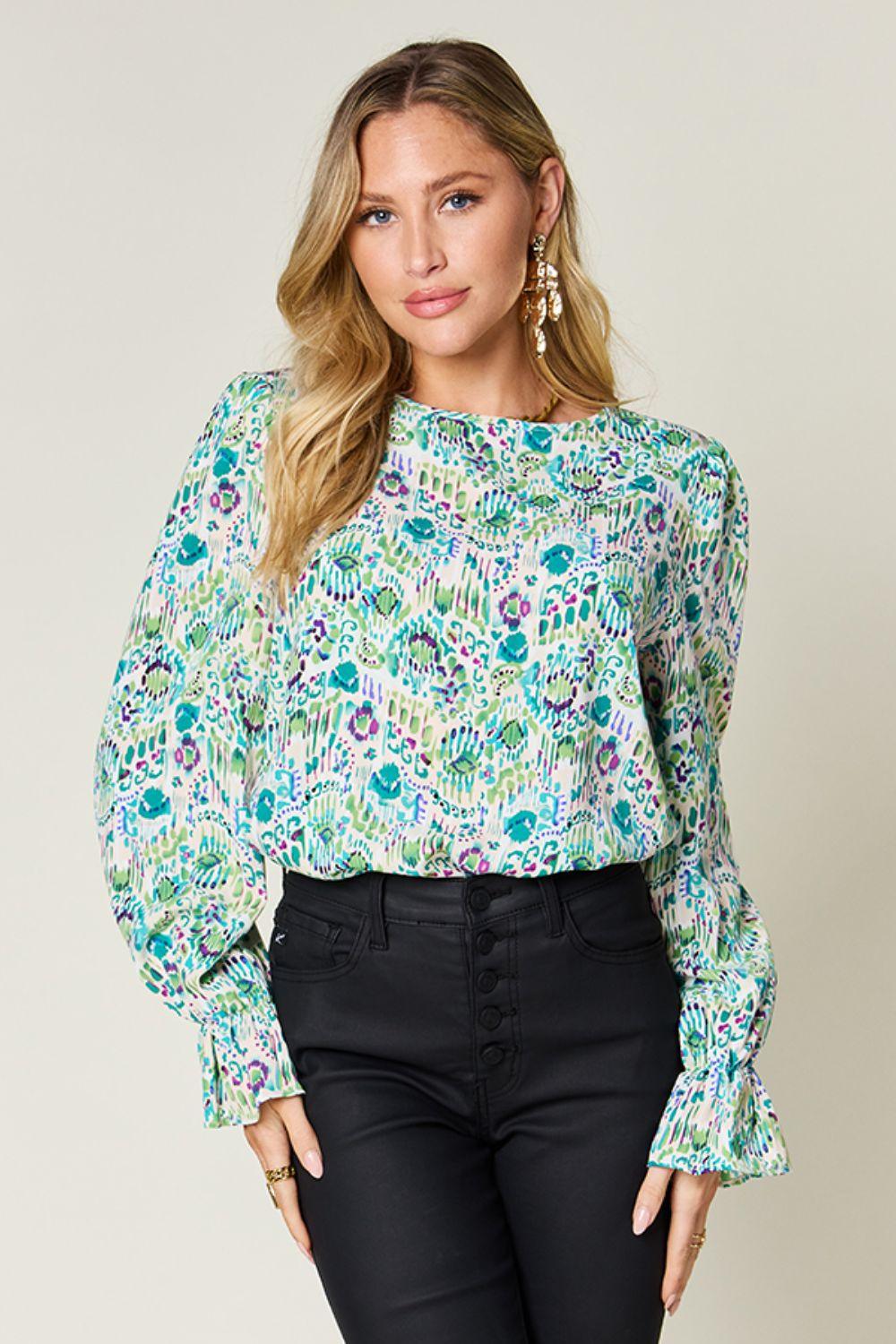 Double Take Full Size Printed Flounce Sleeve Blouse Turquoise