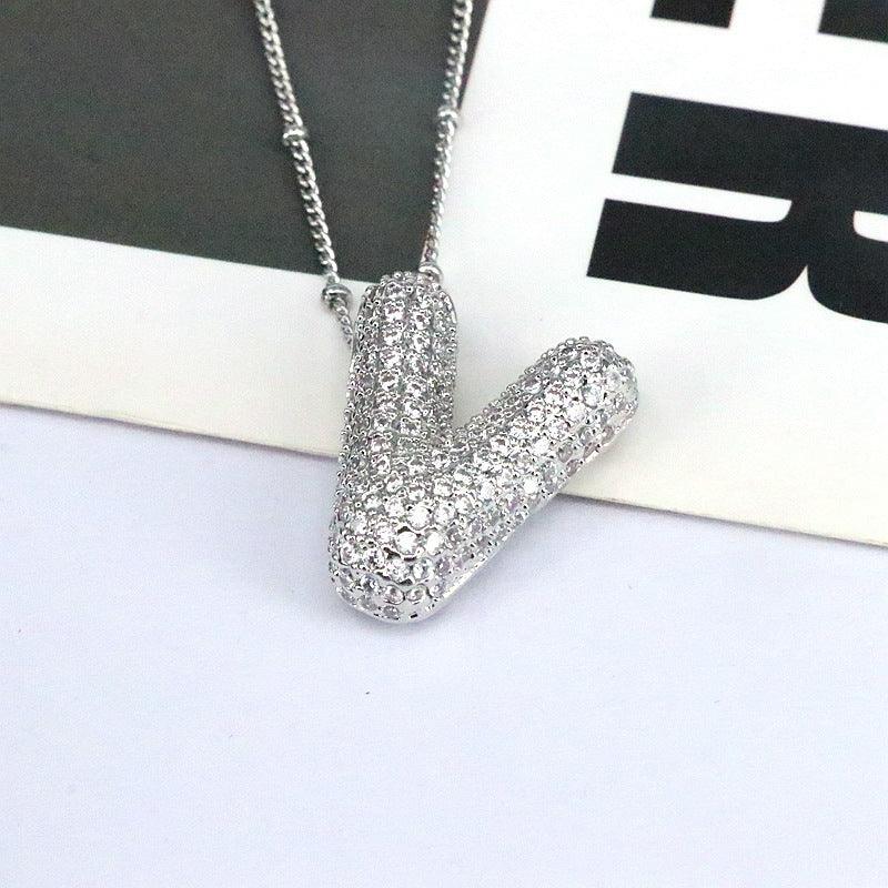 Copper Inlaid Zircon Letter Pendant Necklace Style V One Size