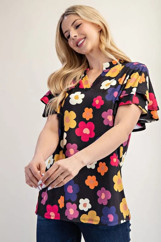 Celeste Bold Floral Ruffle Sleeve Top