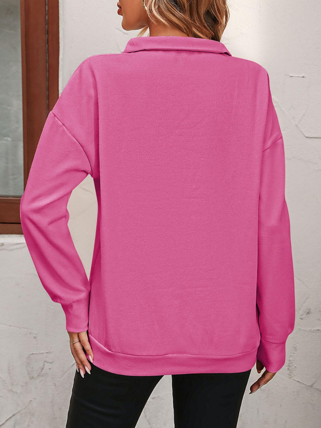 Mandy Zip-Up Dropped Shoulder Sweatshirt Hot Pink