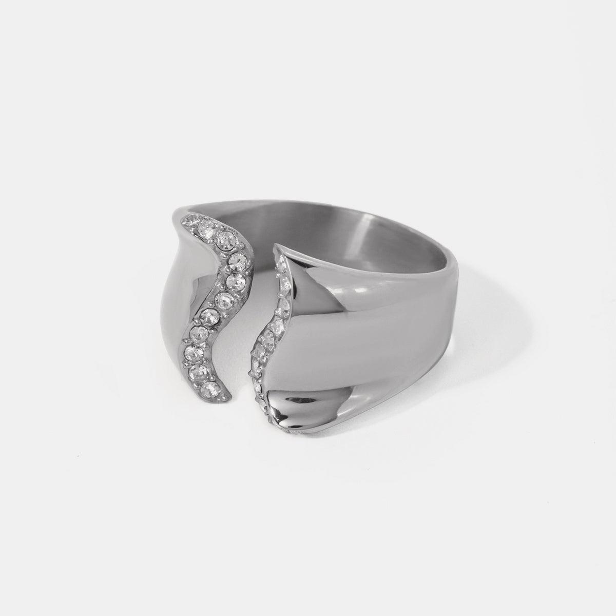 Stainless Steel Inlaid Rhinestone Bypass Ring Silver One Size