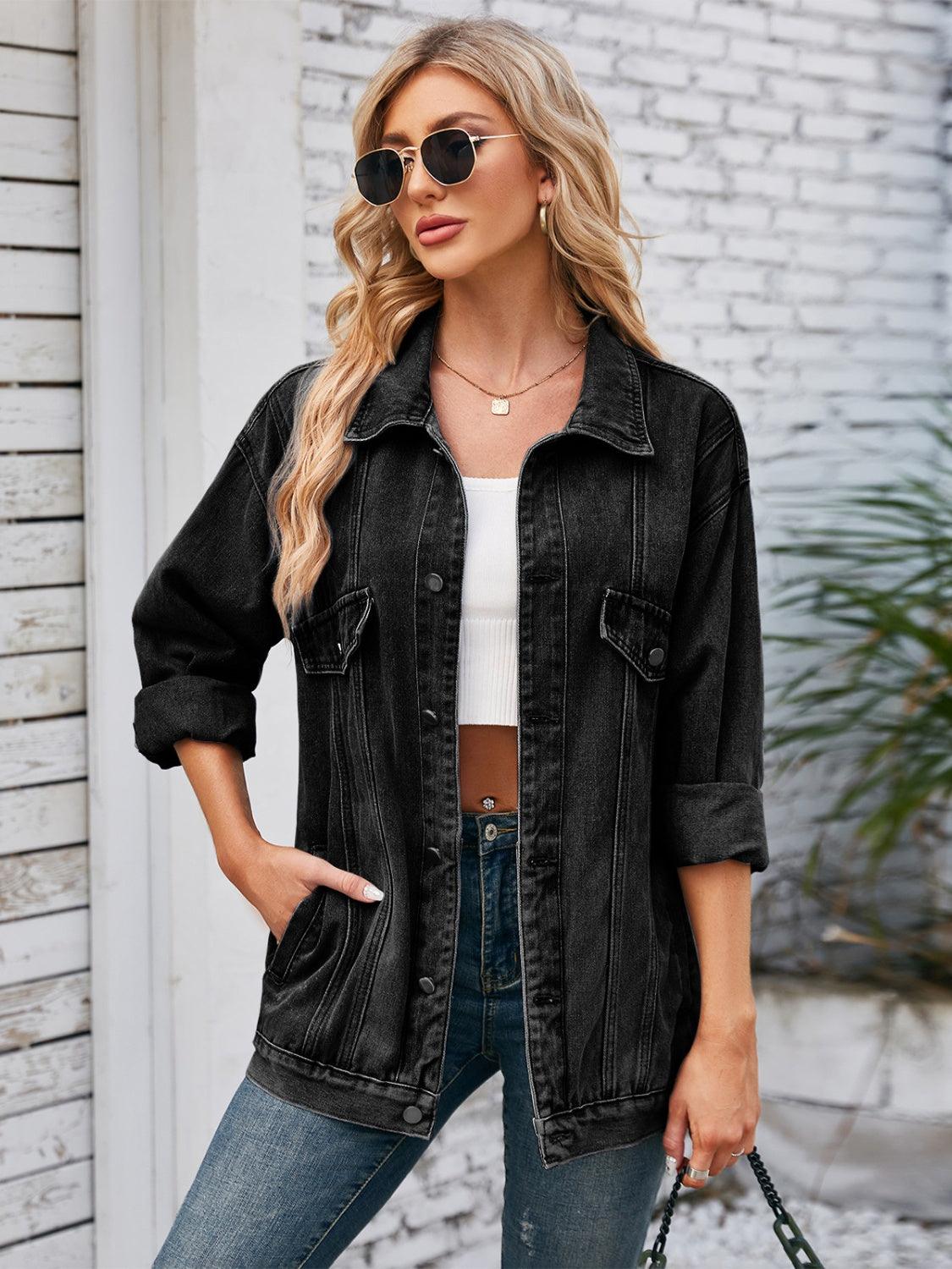 Button Up Long Sleeve Denim Jacket Black