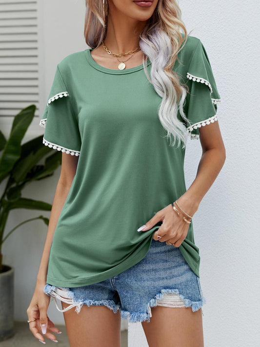 Pom-Pom Trim Flutter Sleeve Round Neck T-Shirt Gum Leaf