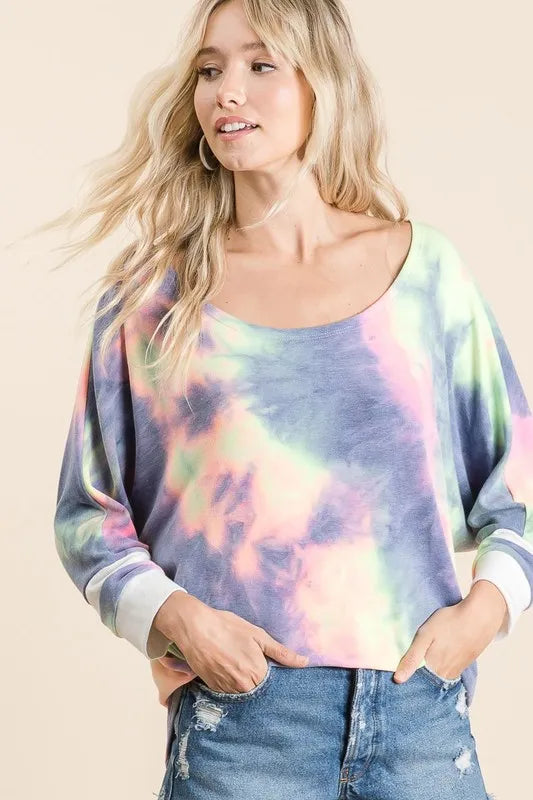 BiBi Tie Dye French Terry Top with Contrast Cuffs CHARCOAL TIEDYE