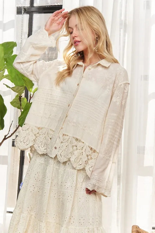 ADORA Crochet Lace Long Sleeves Button Down Shirt Beige One Size