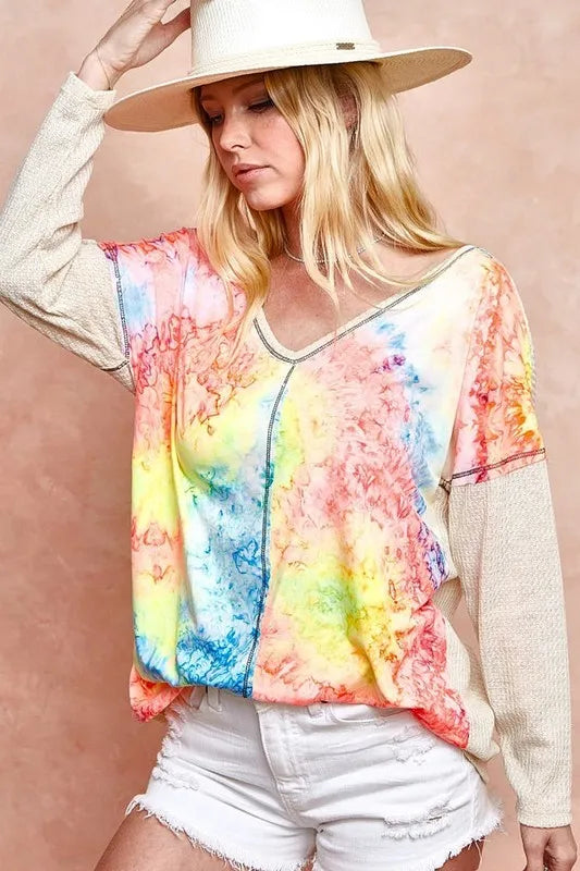 BiBi Print Block V Neck Top with Contrast Stitching TIE DYE