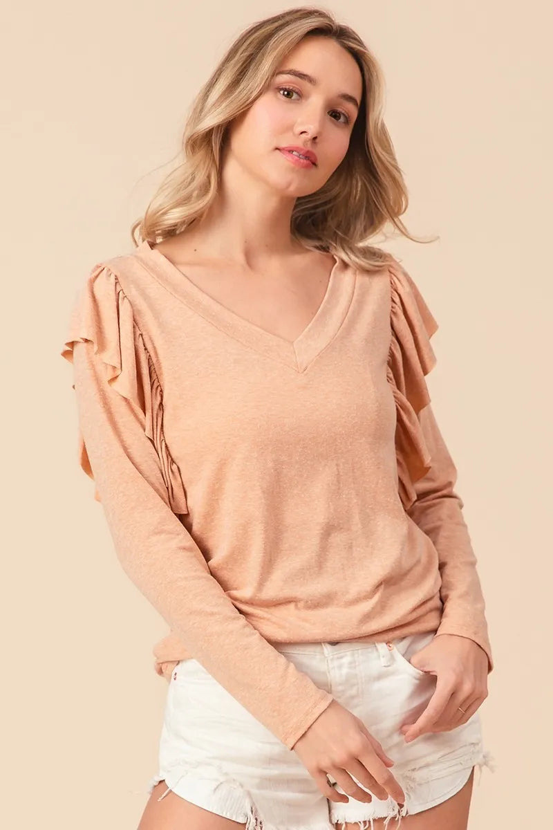 BiBi Triblend V Neck Top with Shoulder Shrring Detail