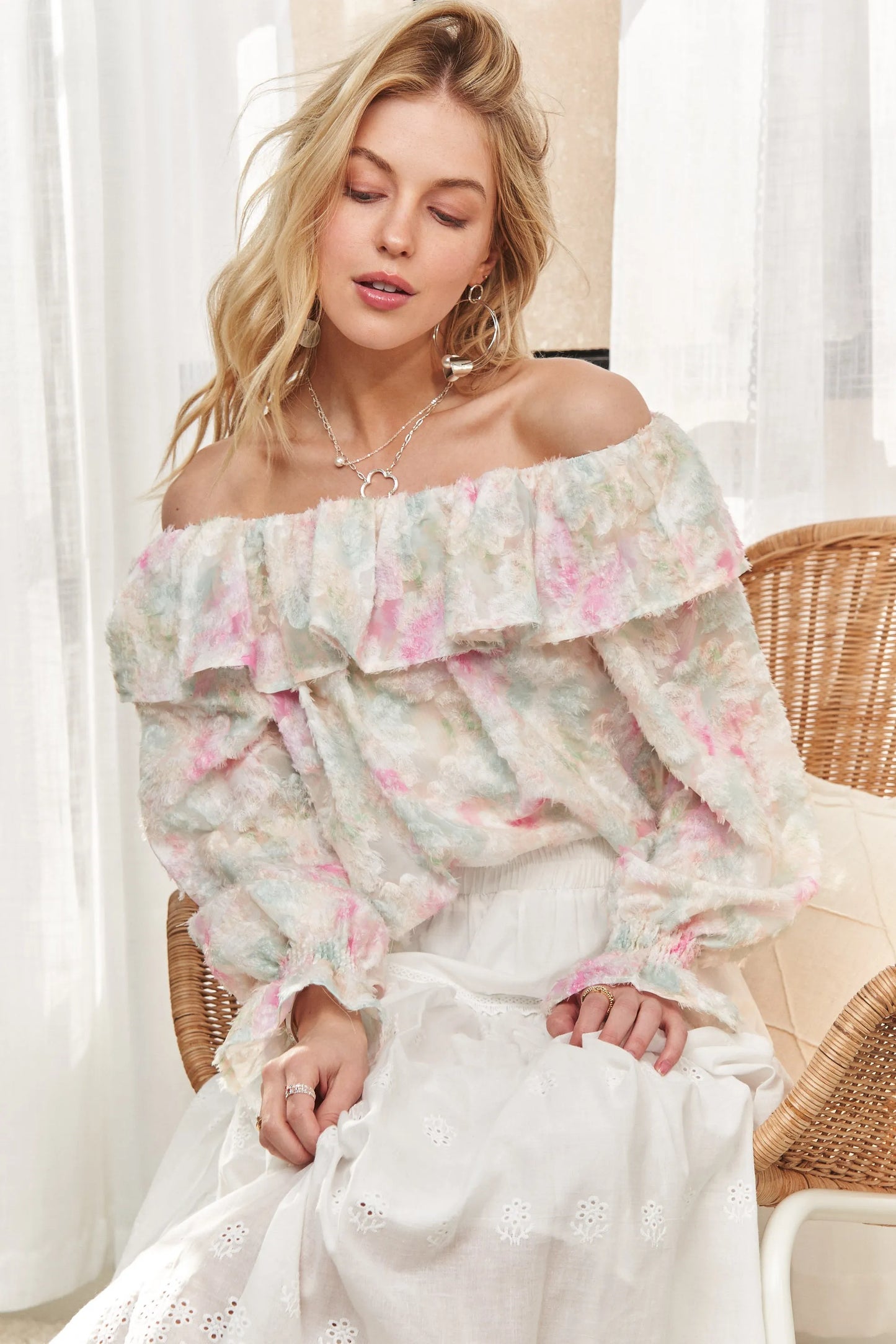 ADORA Ruffled Off Shoulder Floral Blouse PINK